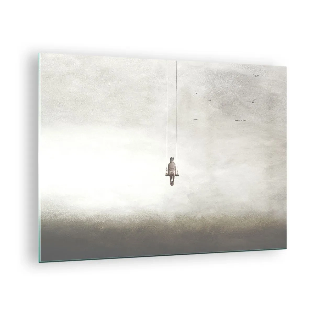 Glastavla - Bild på glas - En figur på en gunga svävande i himlen - 70x50cm - Barn i oss - Modern väggdekoration för vardagsrum och sovrum ARTTOR