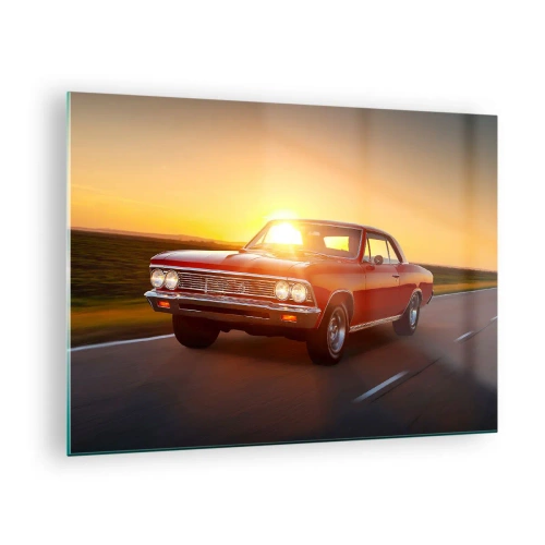 Glastavla - Bild på glas - Röd klassisk bil mot den nedgående solen - 70x50cm - Lusten är rödfärgad - Modern väggdekoration för vardagsrum och sovrum ARTTOR