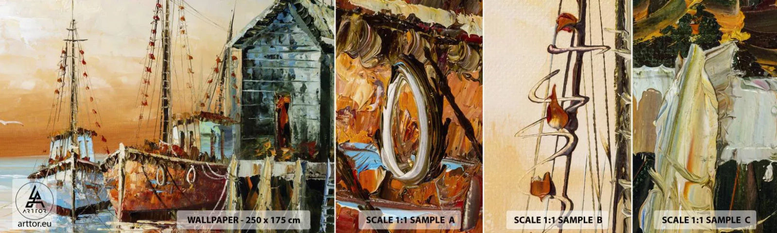 Provbit av självhäftande fototapet Deluxe Sticker - Lugn hemresa - Fiskebåt, Fiskehamn, Bit - 100x30 cm