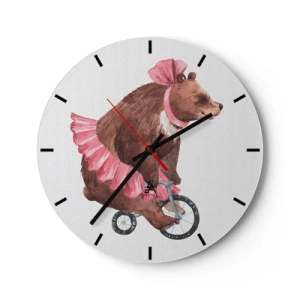 Väggklocka - Klocka på glas - En björn i rosa kjol som cyklar på en enhjuling - 30x30cm - Vilken cirkus! - Modern väggdekoration för vardagsrum, kök och sovrum ARTTOR