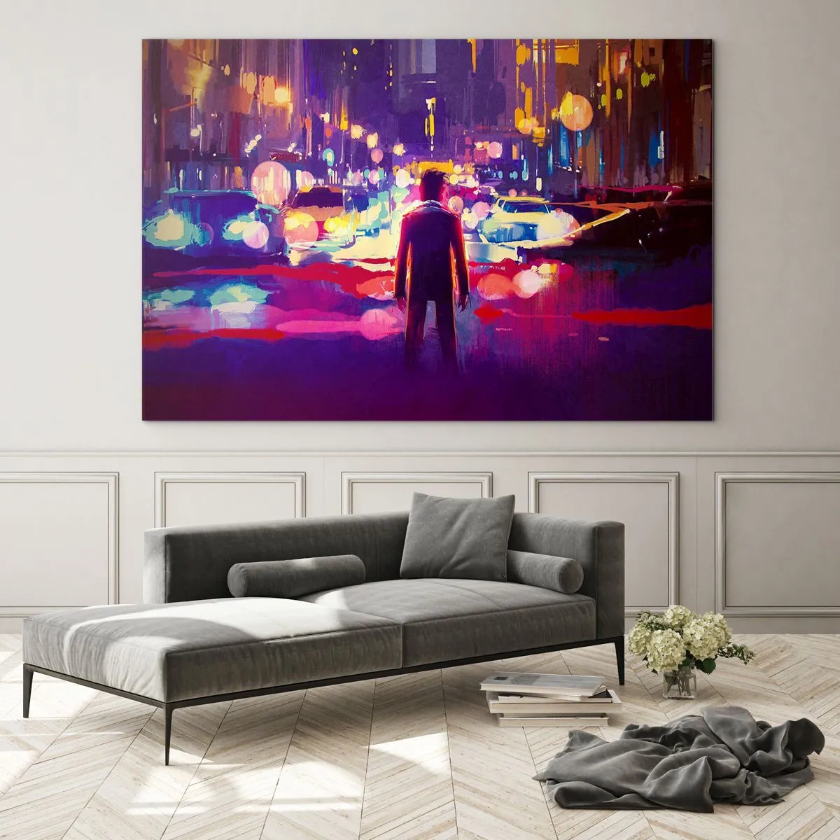 Glastavla - Bild på glas - En figur i en färgglad nattlampa i futuristisk stil - 70x50cm - Doppad i ljuset - Modern väggdekoration för vardagsrum och sovrum ARTTOR