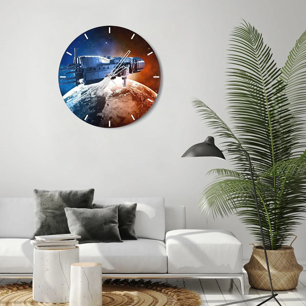Väggklocka - Klocka på glas - En urtavla med motiv av ett rymdskepp som svävar ovanför jorden - 30x30cm - Uppmärksam åskådare - Modern väggdekoration för vardagsrum, kök och sovrum ARTTOR