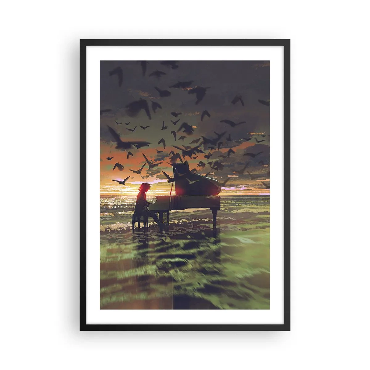 Affisch i svart ram - Silhuetten av en pianist mot bakgrund av en solnedgång - 50x70cm - Konsert för piano och vågor - Modern väggdekoration för vardagsrum och sovrum ARTTOR