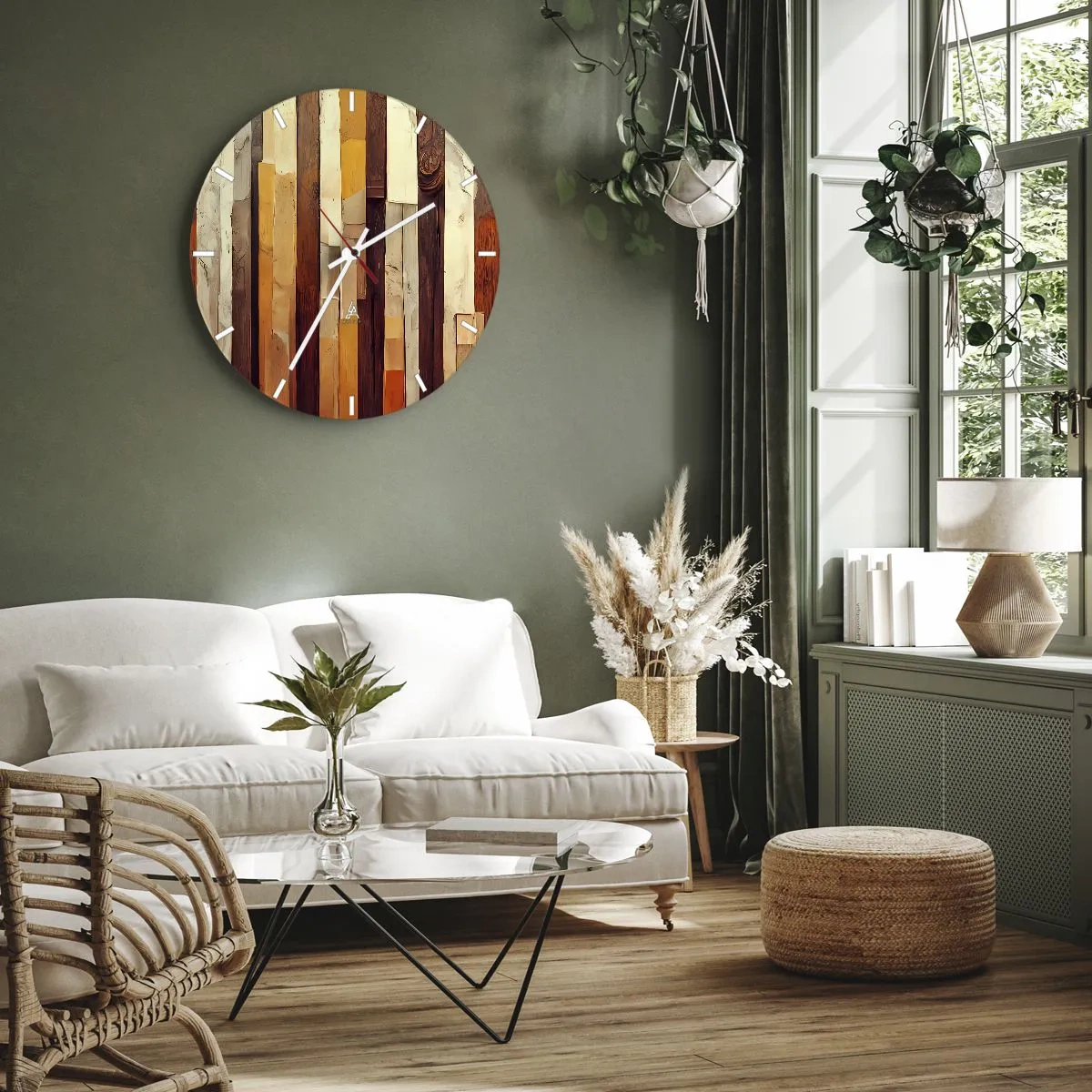 Väggklocka - Klocka på glas - Vertikala ränder i nyanser av trä och beige i en organisk stil - 30x30cm - Hymn av skogens träd - Modern väggdekoration för vardagsrum, kök och sovrum ARTTOR