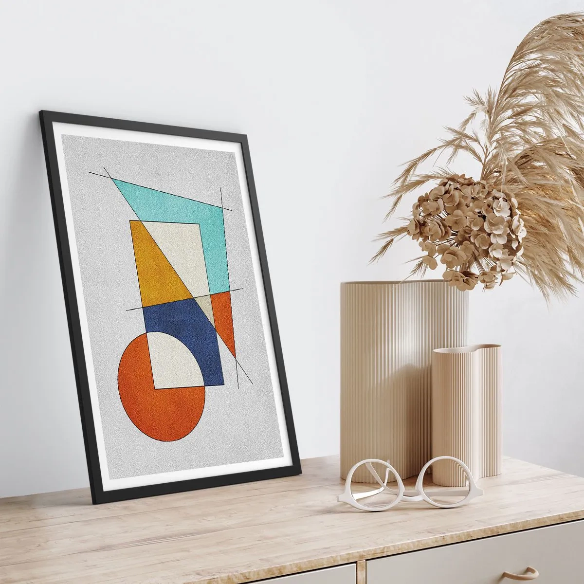 Affisch i svart ram - Geometrisk abstraktion med färgglada figurer och linjer - 50x70cm - Abstraktion: modernistiskt nöje - Modern väggdekoration för vardagsrum och sovrum ARTTOR