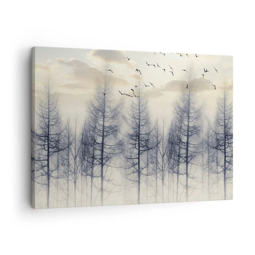Canvastavla - Bild på duk - Dimmig skog med fåglar mot solnedgångshimlen - 70x50cm - Skogens andar - Modern väggdekoration för vardagsrum och sovrum ARTTOR