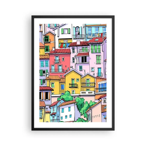 Affisch i svart ram - Färgglada hyreshus i illustrativ stil - 50x70cm - Gladlynt stad - Modern väggdekoration för vardagsrum och sovrum ARTTOR