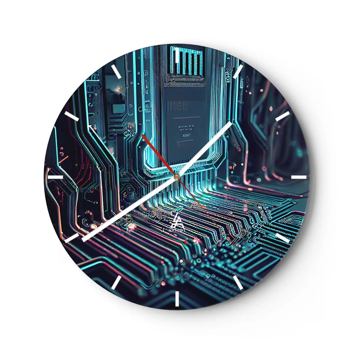 Väggklocka - Klocka på glas - Närbild av en neonfärgad integrerad krets i futuristisk stil - 30x30cm - Så här tänker jag... - Modern väggdekoration för vardagsrum, kök och sovrum ARTTOR