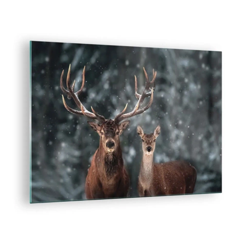 Glastavla - Bild på glas - En hjort och en hind i en vinterskog täckt av snö - 70x50cm - Skogens herre med hustrun - Modern väggdekoration för vardagsrum och sovrum ARTTOR
