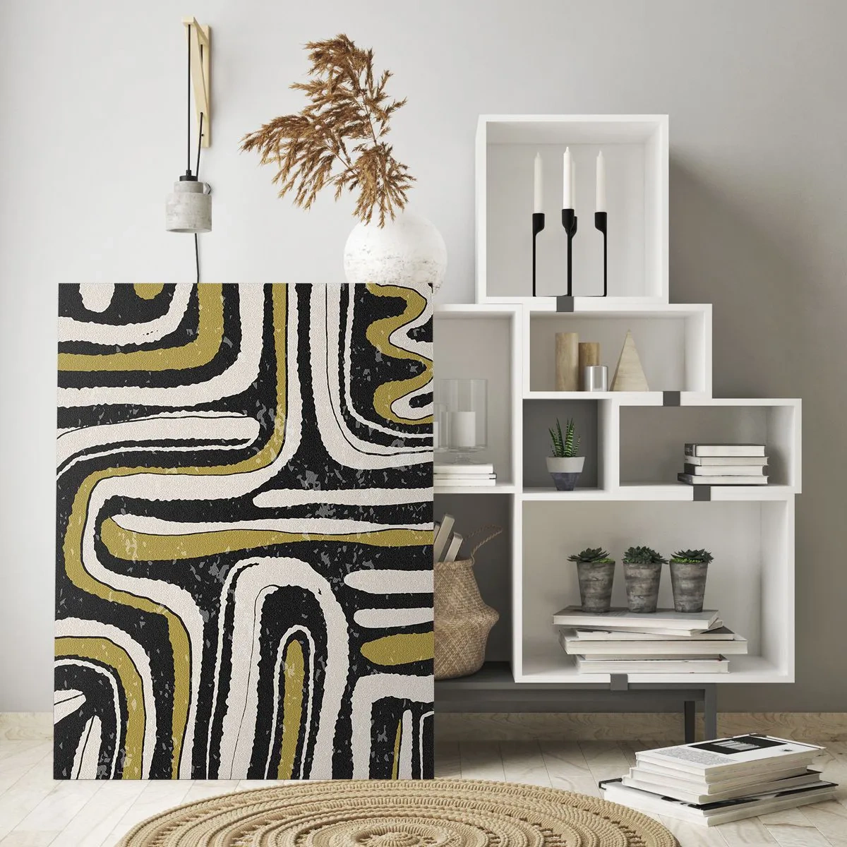 Glastavla - Bild på glas - Komposition: stråk och gränder - 70x100 cm