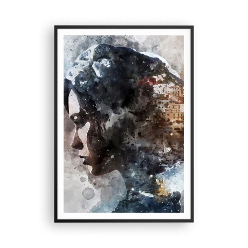 Affisch i svart ram - Berättelse om en tjej med en stad i bakgrunden - 70x100 cm