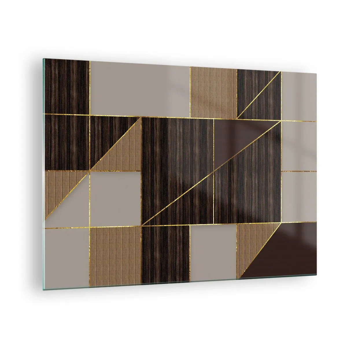 Glastavla - Bild på glas - Abstrakt mosaik med bruna och guldfärgade element - 70x50cm - Mosaik av brun och guld - Modern väggdekoration för vardagsrum och sovrum ARTTOR