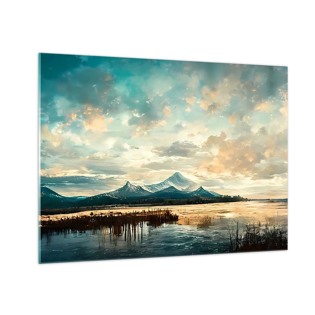Glastavla - Bild på glas - Vinterlandskap med berg och en frusen sjö - 70x50cm - Under himlens skydd - Modern väggdekoration för vardagsrum och sovrum ARTTOR