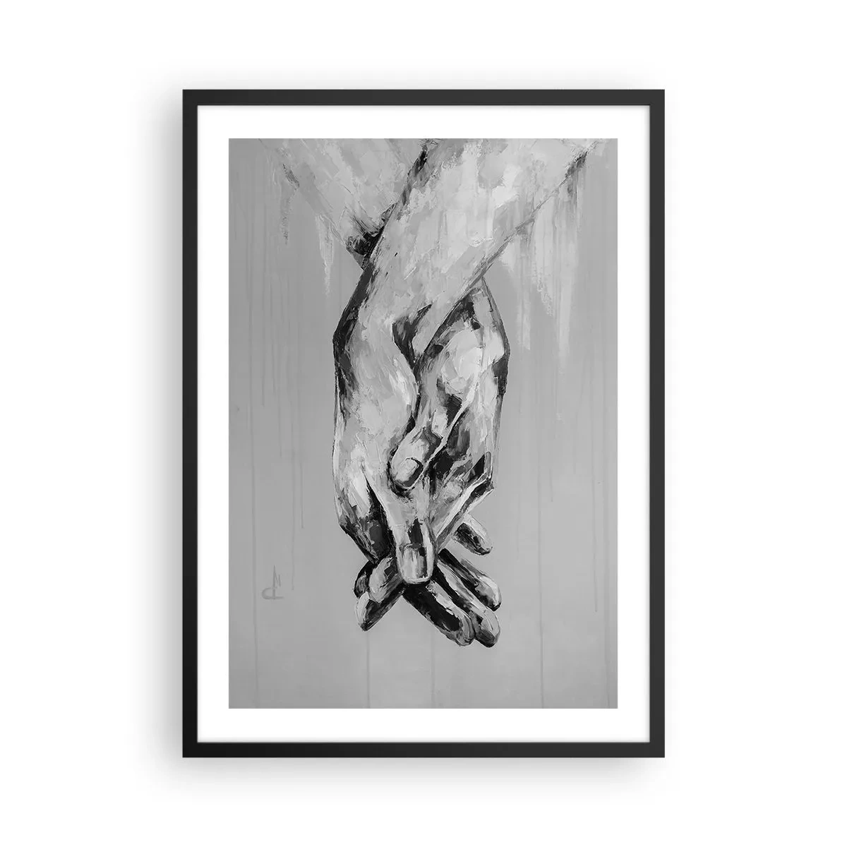 Affisch i svart ram - En monokrom bild av knäppta händer mot en grå bakgrund. - 50x70cm - Början... - Modern väggdekoration för vardagsrum och sovrum ARTTOR
