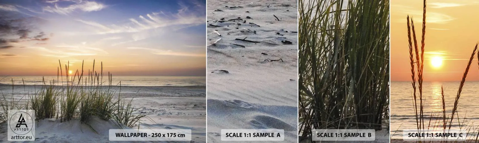 Provbit av självhäftande fototapet Deluxe Sticker - Titta, tänk, känn - Landskap, Strand, Hav - 100x30 cm