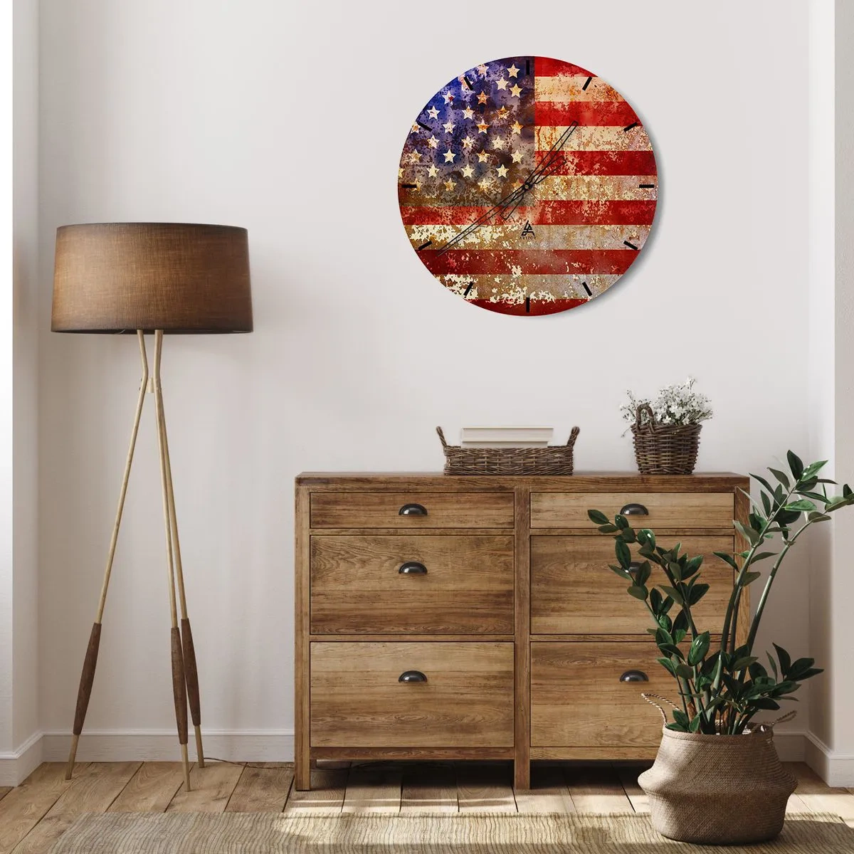 Väggklocka - Klocka på glas - Rustik vintage amerikansk flagga - 30x30cm - Äran är tidlös - Modern väggdekoration för vardagsrum, kök och sovrum ARTTOR