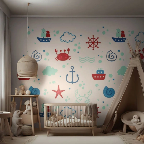 Fototapet Standard Eco - Nautiskt mönster med ankare, skepp och krabbor på vit bakgrund - 100x70cm - Marin saga - Modern väggdekoration för vardagsrum och sovrum ARTTOR