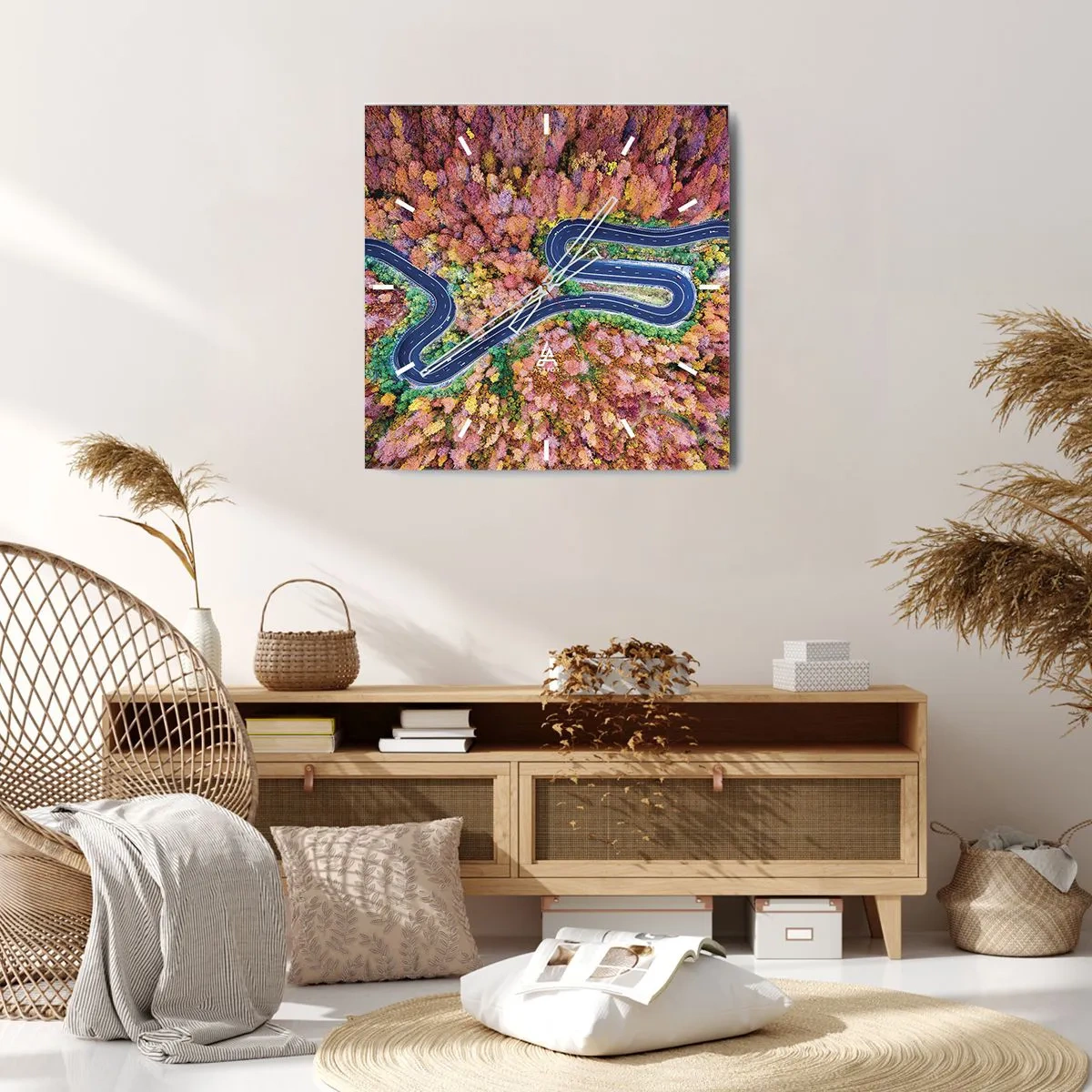 Väggklocka - Klocka på glas - Slingrande väg genom skogen - 40x40 cm