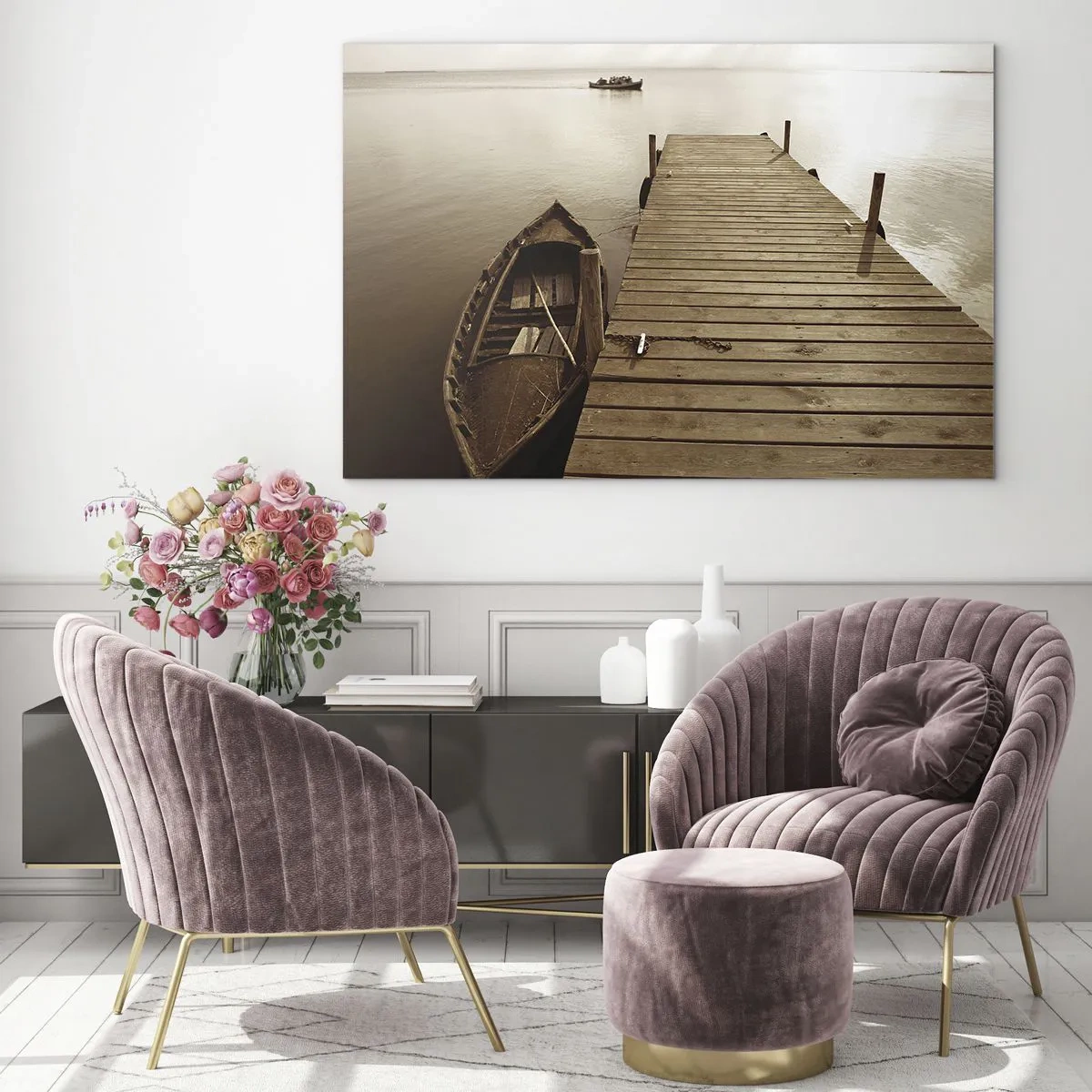 Glastavla - Bild på glas - En båt vid en pir på en lugn sjö i sepia - 70x50cm - Stora lugnet - Modern väggdekoration för vardagsrum och sovrum ARTTOR