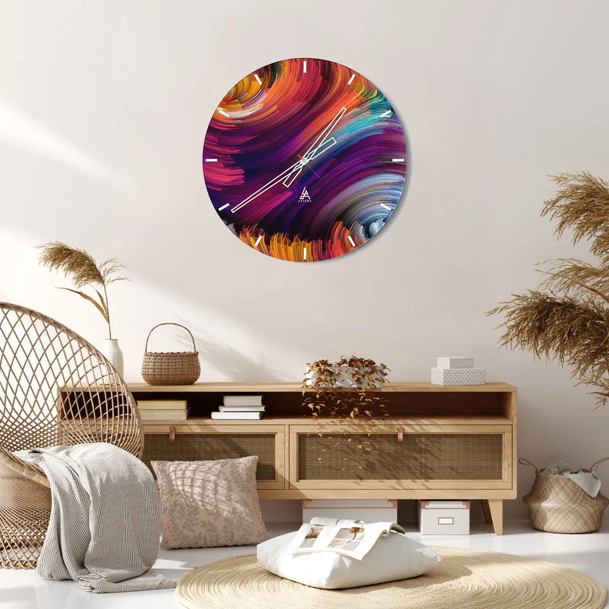 Väggklocka - Klocka på glas - Abstrakt virvelmotiv i intensiva färger - 30x30cm - Början av en ny värld - Modern väggdekoration för vardagsrum, kök och sovrum ARTTOR