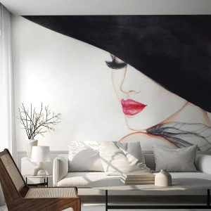 Självhäftande Fototapet Deluxe Sticker - Elegans och sensualitet - Kvinna, röda läppar, Svart hatt - 400x280 cm