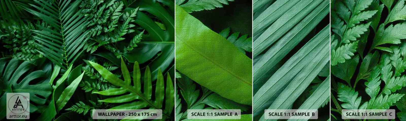 Provbit av fototapet Premium Canvas - Omgärdade av grönskan - Exotisk planta, Palmblad, Monstera löv - 100x30 cm