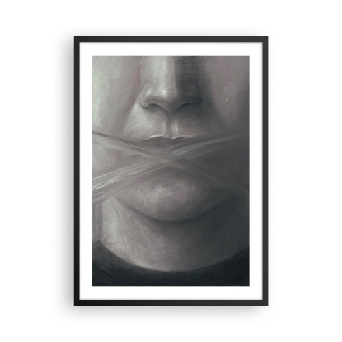 Affisch i svart ram - Ett symboliskt ansikte med täckt mun i monokromatiska färger. - 50x70cm - Inte ett ord - Modern väggdekoration för vardagsrum och sovrum ARTTOR