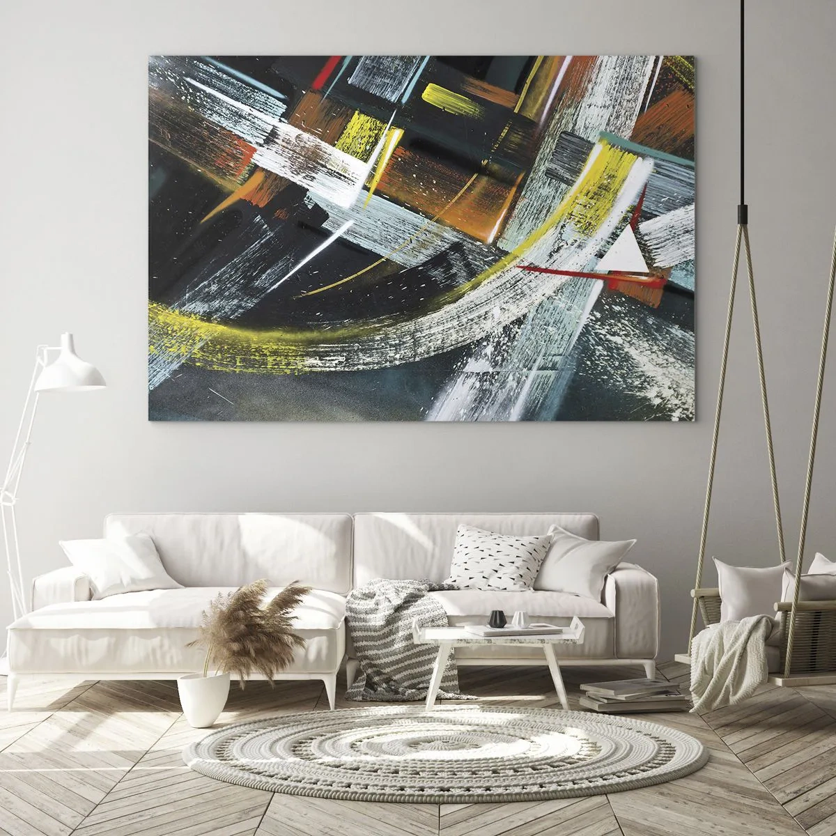 Glastavla - Bild på glas - Dynamisk abstraktion med färgglada penseldrag - 70x50cm - Rörelsens energi - Modern väggdekoration för vardagsrum och sovrum ARTTOR