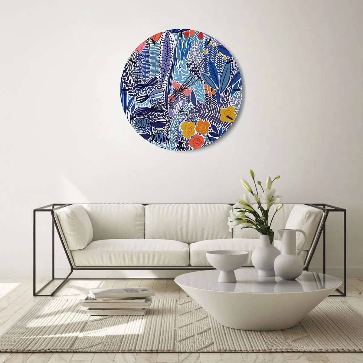 Väggklocka - Klocka på glas - Färgglatt växtmotiv i grafisk stil - 30x30cm - Hawaii-trädgård - Modern väggdekoration för vardagsrum, kök och sovrum ARTTOR