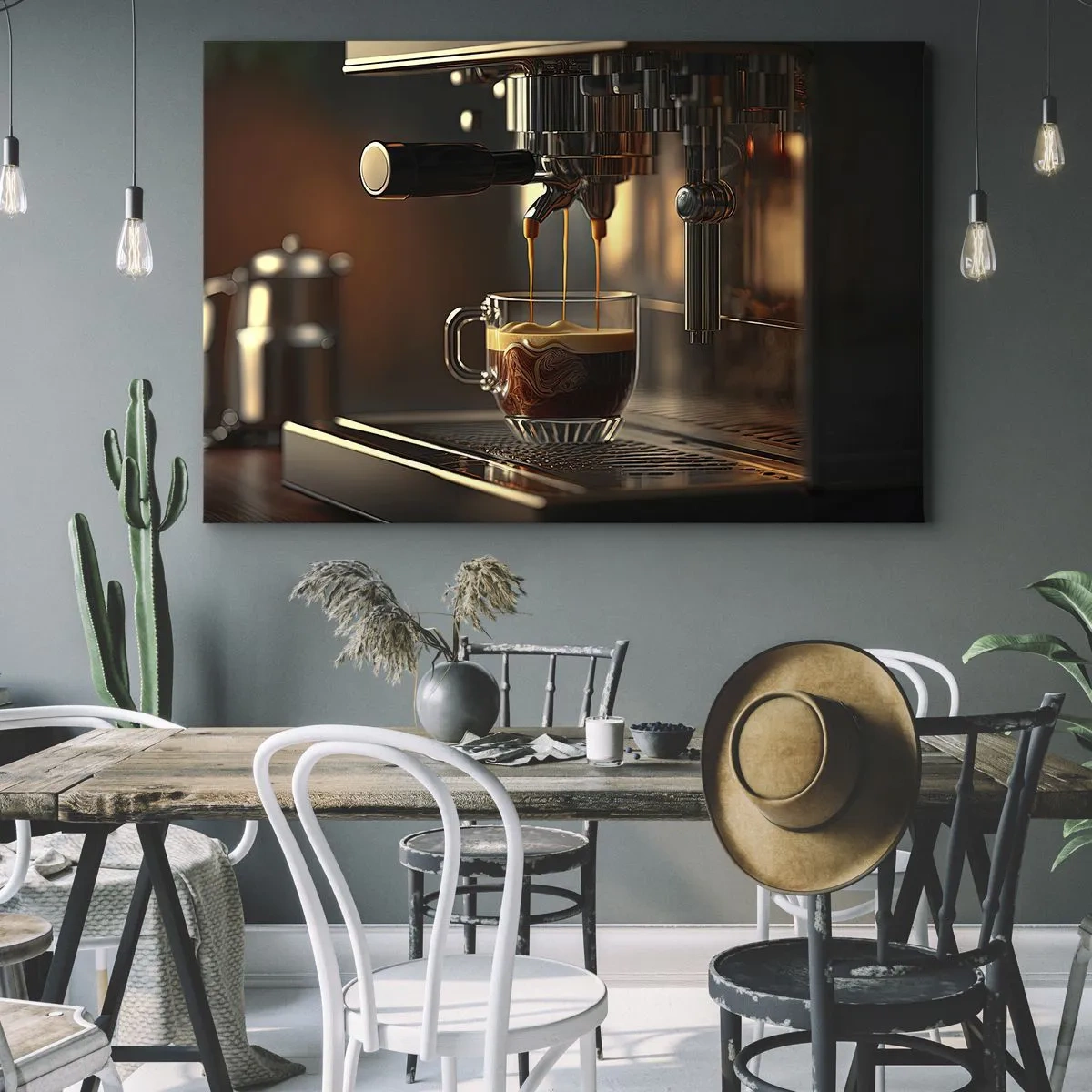 Canvastavla - Bild på duk - Kaffemaskin med en kopp aromatisk espresso - 70x50cm - En sensuell blandning - Modern väggdekoration för vardagsrum och sovrum ARTTOR