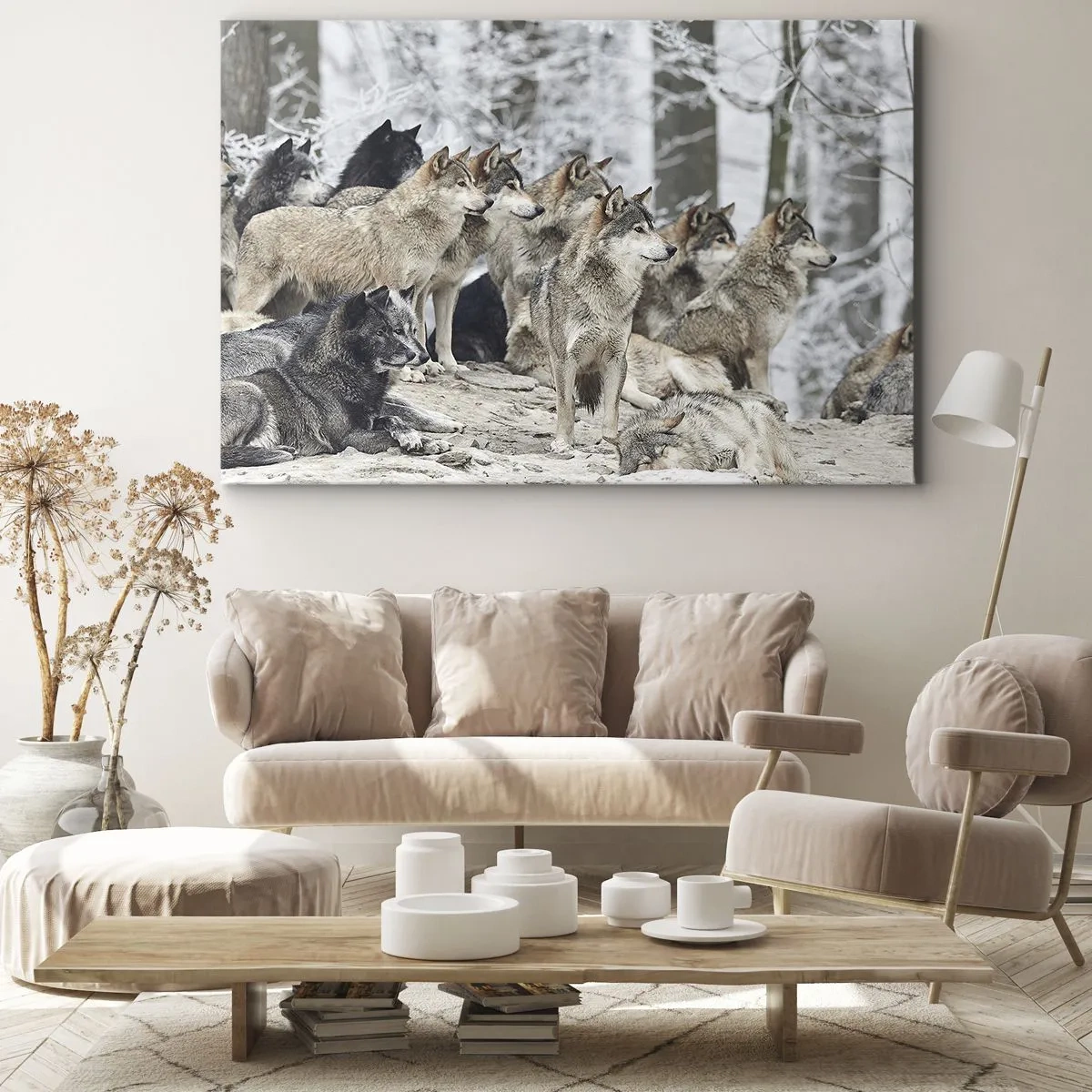 Canvastavla - Bild på duk - En flock vargar i vinterskogen - 70x50cm - Familj och vänner - Modern väggdekoration för vardagsrum och sovrum ARTTOR