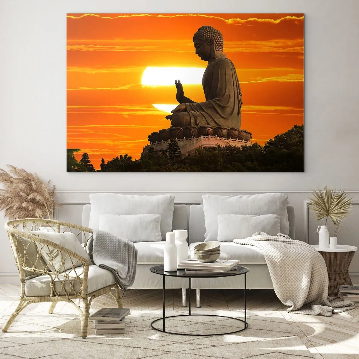 Glastavla - Bild på glas - Buddhastaty mot bakgrund av den nedgående solen - 70x50cm - Utan rädsla för världen - Modern väggdekoration för vardagsrum och sovrum ARTTOR