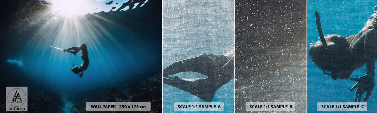 Provbit av fototapet Premium Canvas - Undervattendans - Undervattensgrotta, Solens strålar, Dykning - 100x30 cm