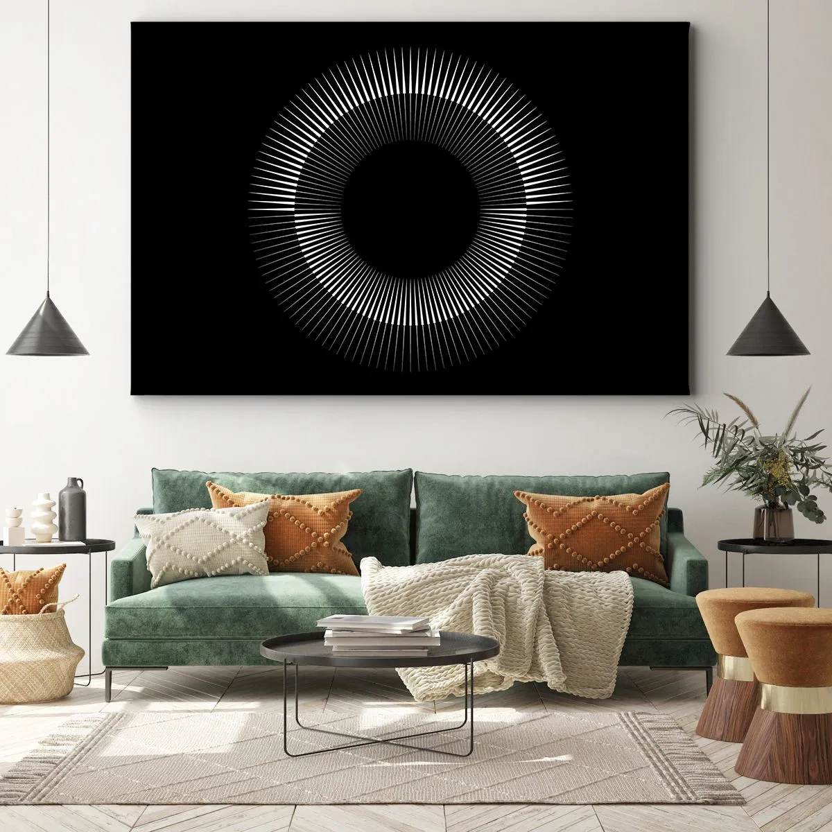 Canvastavla - Bild på duk - Grafisk cirkel med strålar i svartvitt - 70x50cm - Svart sol - Modern väggdekoration för vardagsrum och sovrum ARTTOR