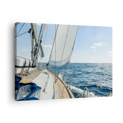 Canvastavla - Bild på duk - En segelbåt på ett lugnt hav under en blå himmel - 70x50cm - Heja äventyret - Modern väggdekoration för vardagsrum och sovrum ARTTOR