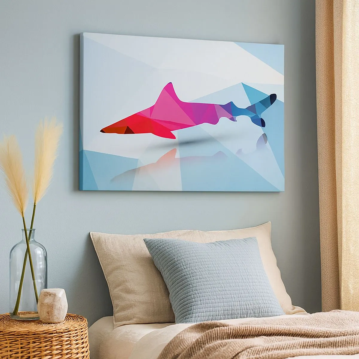 Canvastavla - Bild på duk - Geometrisk hajsilhuett i nyanser av rosa och blått - 70x50cm - Haj i kristallrummet - Modern väggdekoration för vardagsrum och sovrum ARTTOR