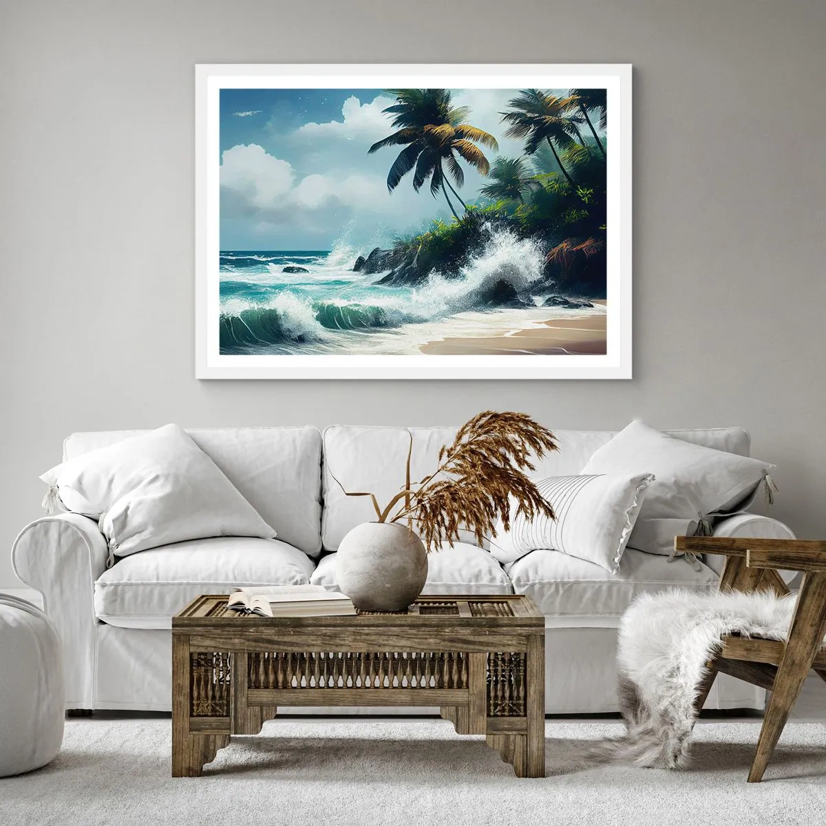 Affisch i vit ram - På en tropisk strand - 40x40 cm