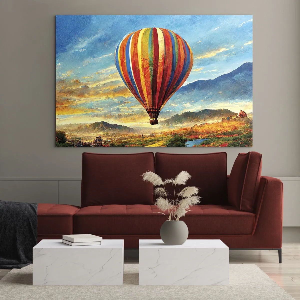 Glastavla - Bild på glas - En färgglad ballong som svävar över ett bergslandskap - 70x50cm - I tystnad ser man mer - Modern väggdekoration för vardagsrum och sovrum ARTTOR