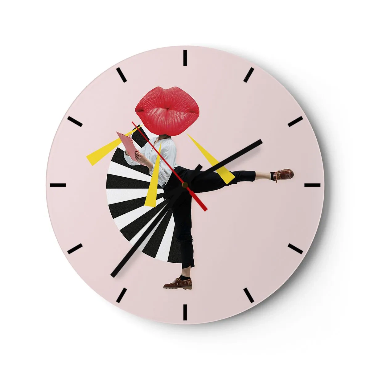 Väggklocka - Klocka på glas - En figur med ett munformat huvud i en dynamisk popkonstkomposition - 30x30cm - Surrealistisk pop-art - Modern väggdekoration för vardagsrum, kök och sovrum ARTTOR