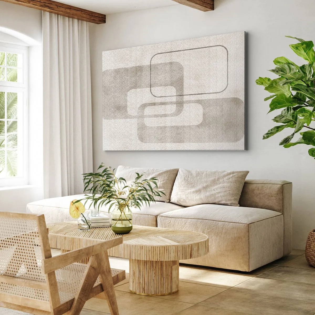 Canvastavla - Bild på duk - En minimalistisk komposition med rektanglar i beige nyanser mot en diskret bakgrund. - 70x50cm - Geometrisk fug - Modern väggdekoration för vardagsrum och sovrum ARTTOR