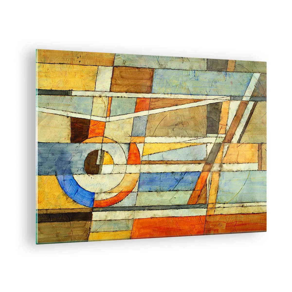 Glastavla - Bild på glas - En abstrakt komposition med geometriska mönster och varma färger. - 70x50cm - Kubismen på bygget - Modern väggdekoration för vardagsrum och sovrum ARTTOR