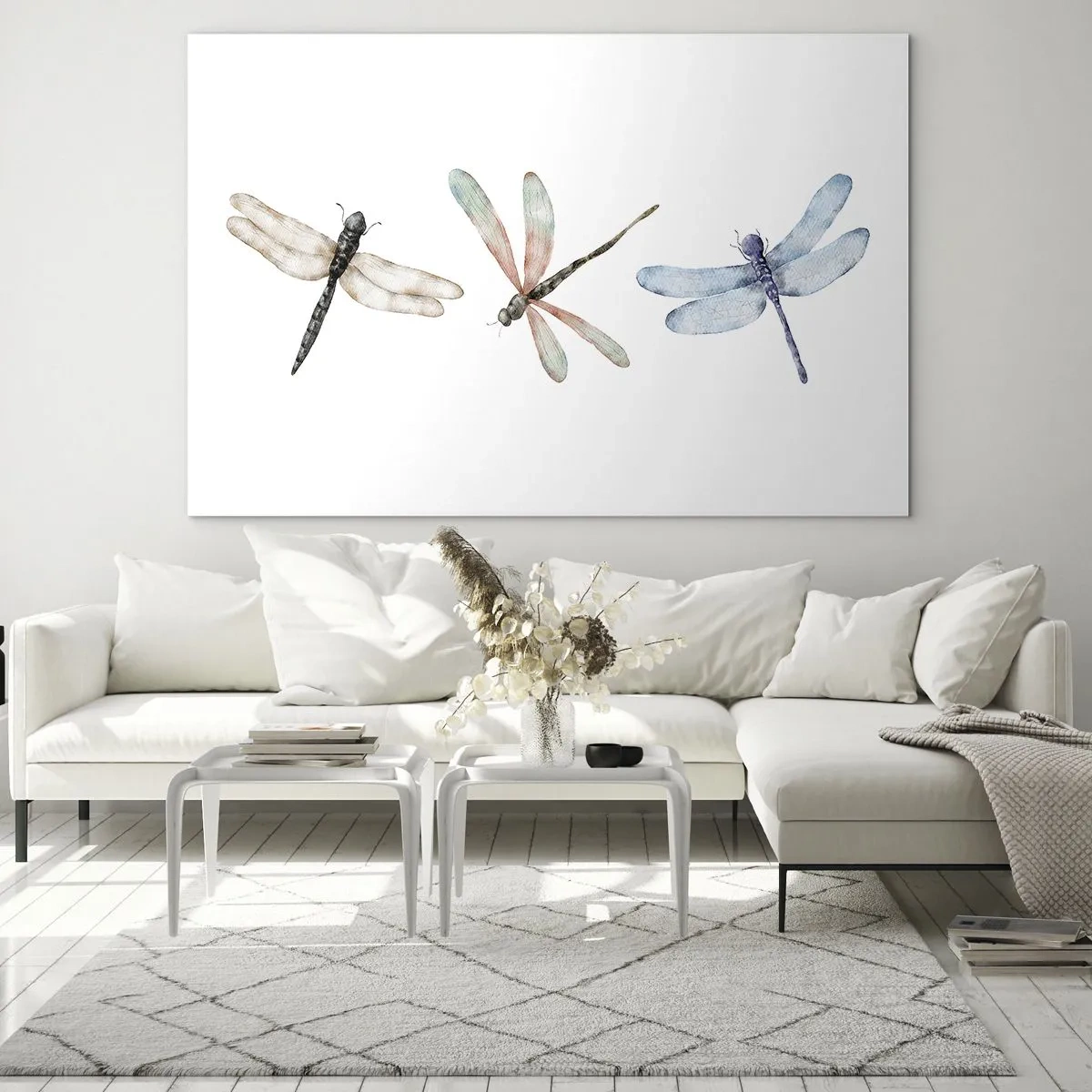 Glastavla - Bild på glas - Tre färgglada trollsländor på en vit bakgrund i en delikat akvarellstil - 70x50cm - Viktlösa trollsländor - Modern väggdekoration för vardagsrum och sovrum ARTTOR