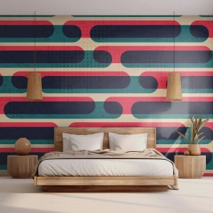 Fototapet Standard Eco - Geometriskt retromönster i rött, marinblått och beige - 100x70cm - In och framåt - Modern väggdekoration för vardagsrum och sovrum ARTTOR