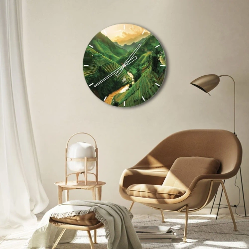 Väggklocka - Klocka på glas - Risterrasser bland bergen vid solnedgången - 30x30cm - Vietnamesisk dal - Modern väggdekoration för vardagsrum, kök och sovrum ARTTOR