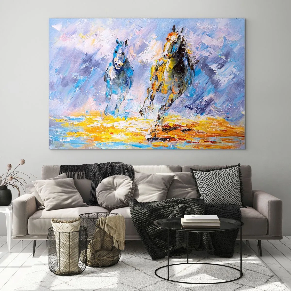 Glastavla - Bild på glas - Galopp genom skenet - 120x80 cm