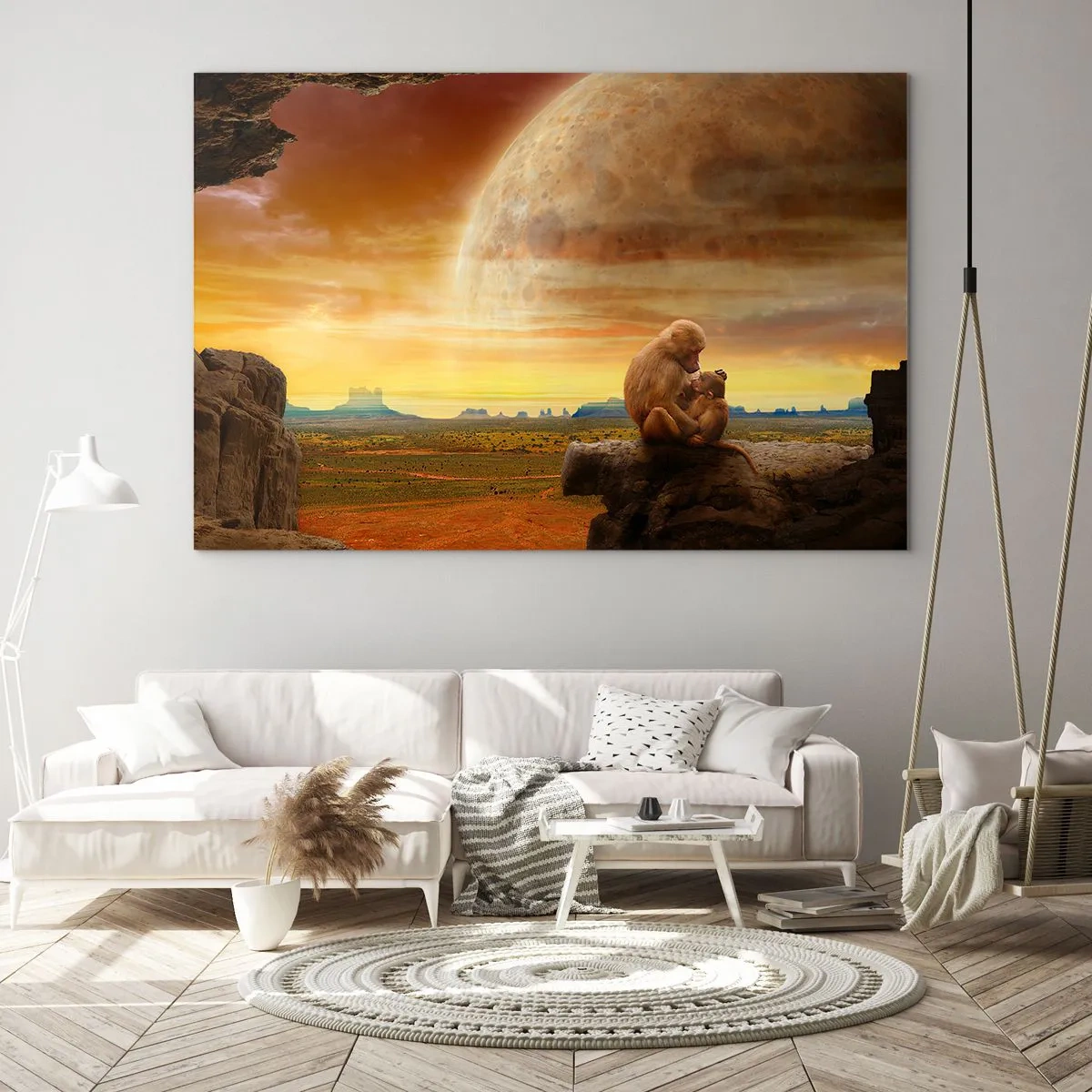 Glastavla - Bild på glas - Apor som sitter på en sten med en enorm måne i bakgrunden - 70x50cm - Samma kärlek överallt - Modern väggdekoration för vardagsrum och sovrum ARTTOR