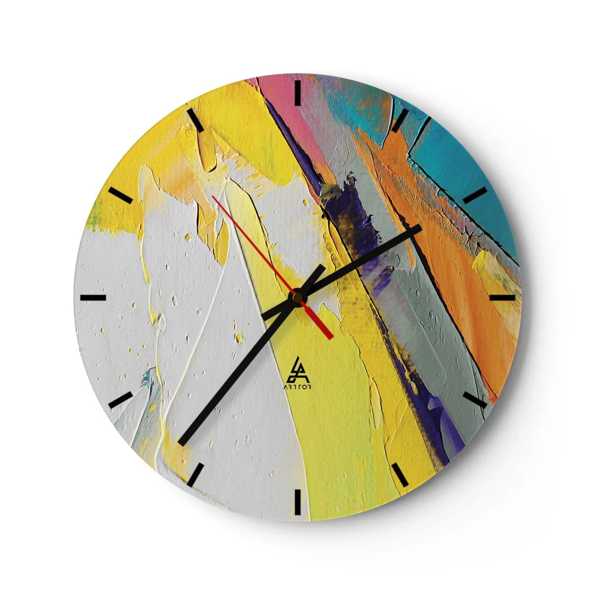 Väggklocka - Klocka på glas - Färgglad abstraktion med en övervikt av gult, vitt och blått - 30x30cm - Världens anatomi - Modern väggdekoration för vardagsrum, kök och sovrum ARTTOR