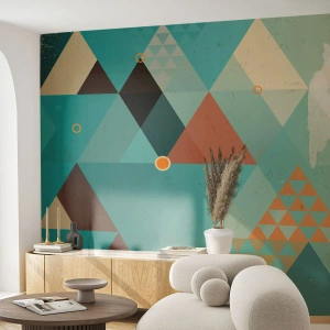 Fototapet Standard Eco - Geometrisk komposition av trianglar i nyanser av beige och turkos - 100x70cm - Mångfaldens enighet, enighetens mångfald - Modern väggdekoration för vardagsrum och sovrum ARTTOR