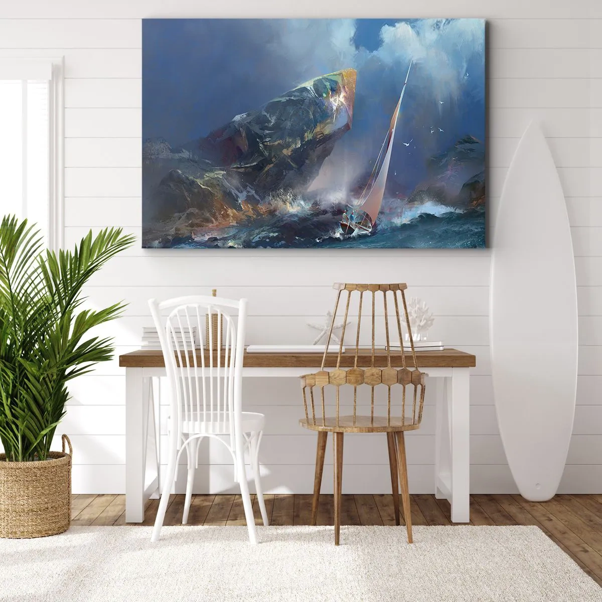 Canvastavla - Bild på duk - En segelbåt i storm vid foten av en massiv klippa - 70x50cm - Modig vinner - Modern väggdekoration för vardagsrum och sovrum ARTTOR
