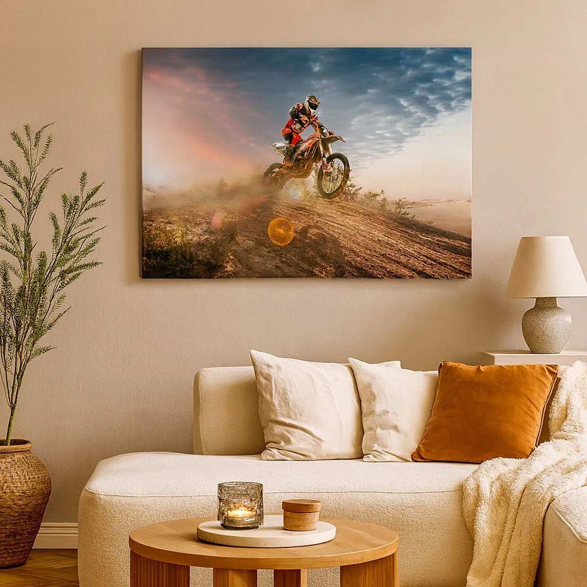Canvastavla - Bild på duk - Motorcyklist i sanddynerna vid solnedgången - 70x50cm - För segern - Modern väggdekoration för vardagsrum och sovrum ARTTOR